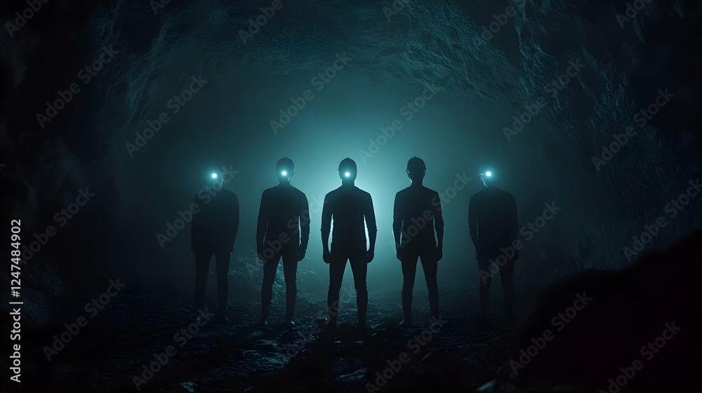 Silhouetted figures in a dark cave, glowing eyes Silhouetted figures in a dark cave, glowing eyes