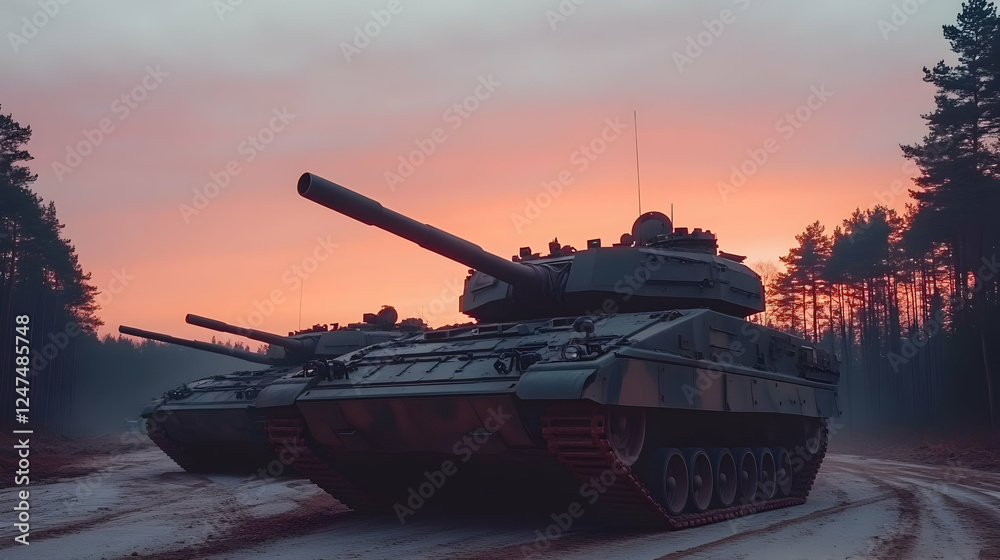 Tanks at sunset, forest background, military power Tanks at sunset, forest background, military power