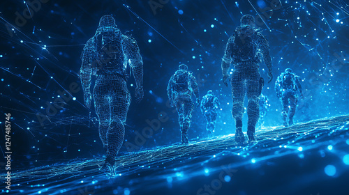 Digital wireframe soldiers are depicted marching through a futuristic blue cyberspace, illuminated by glowing dots.