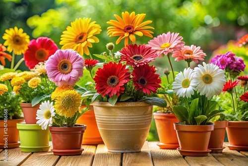 Wallpaper Mural Vibrant Flower Pots: Colorful Blooms & Daisies in a Sunny Garden Torontodigital.ca