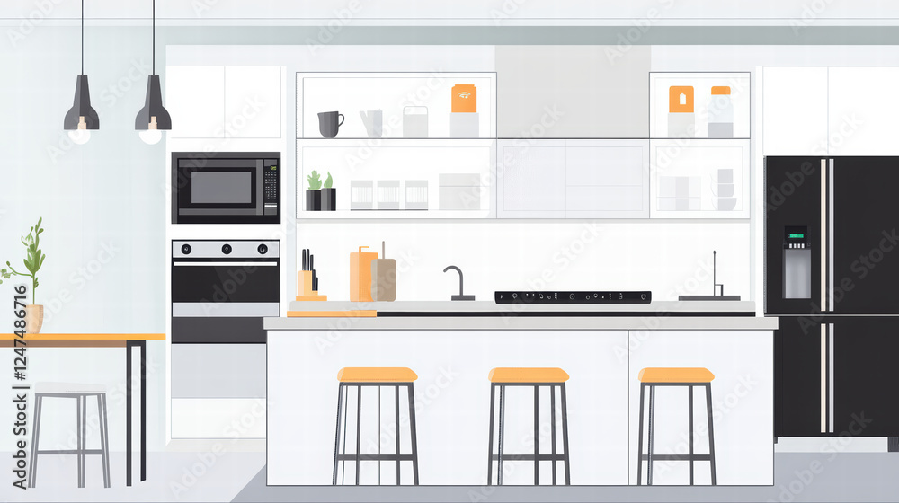 Modern kitchen with smart appliances, sleek design, and open layout, featuring central island with seating, minimalist decor, and ample storage space Modern kitchen with smart appliances, sleek design, and open layout, featuring central island with seating, minimalist decor, and ample storage space