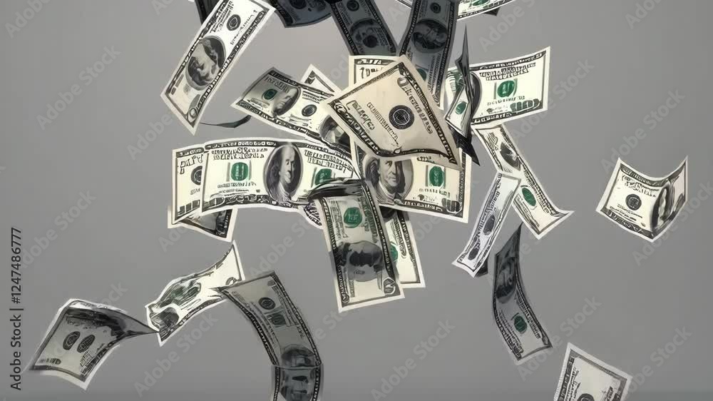 Dollar bills cascade through the air against a neutral background, creating a lively atmosphere. The movement of money evokes feelings of abundance and excitement.