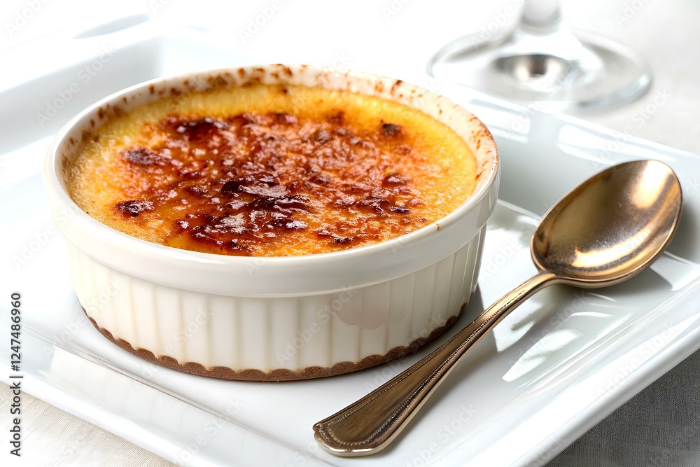 Creme Brulee with a crispy caramel crust, served with a spoon Creme Brulee with a crispy caramel crust, served with a spoon
