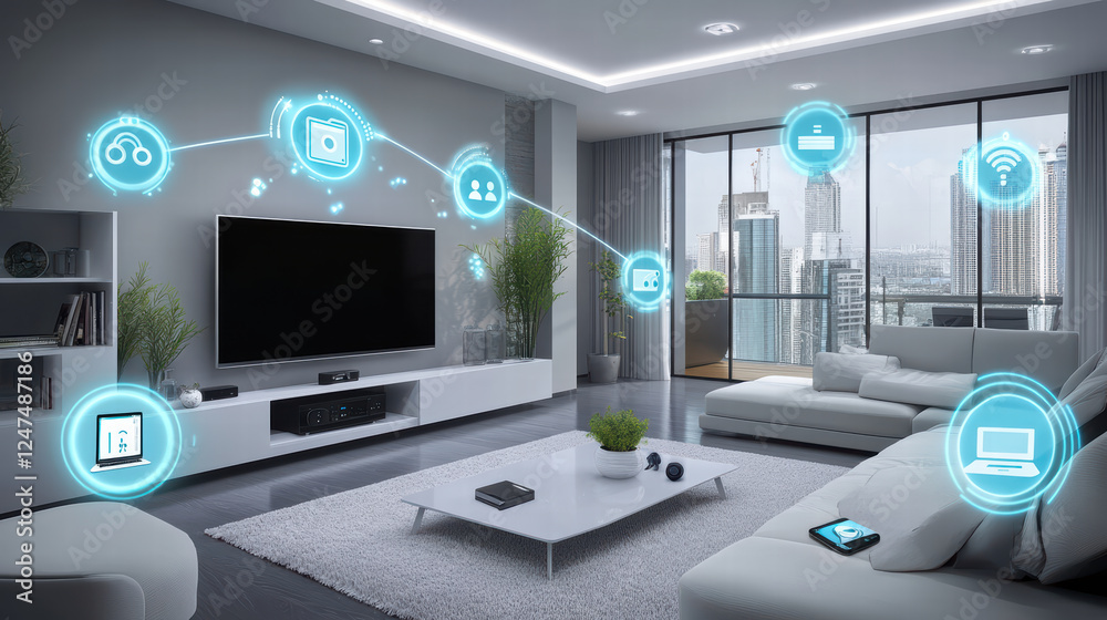 Modern living room with smart TV, streaming devices, and city view. space features sleek design, comfortable furniture, and digital connectivity icons, creating tech savvy atmosphere Modern living room with smart TV, streaming devices, and city view. space features sleek design, comfortable furniture, and digital connectivity icons, creating tech savvy atmosphere