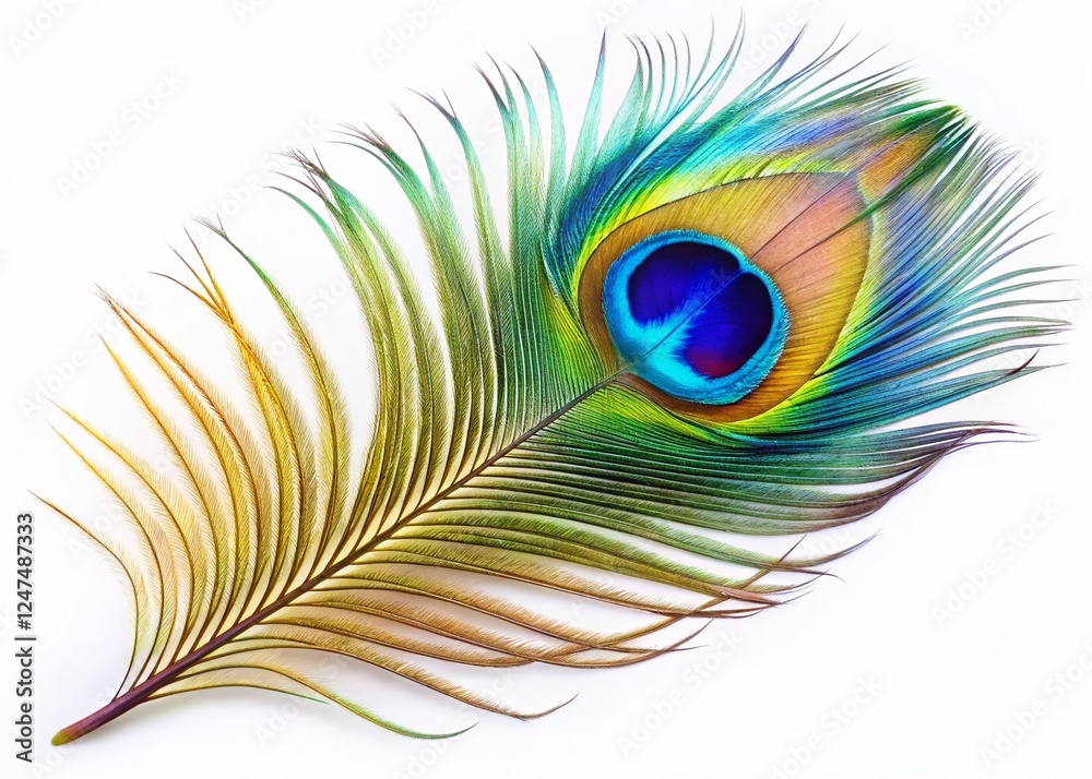 Fototapeta premium Vibrant Peacock Feather Isolated, Colorful Bird Plume, Exotic Bird Feather, White Background, Detailed Macro