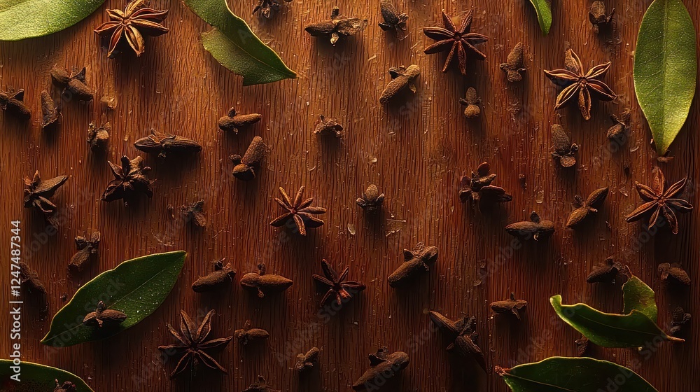 Obraz premium Aromatic Spices on Wood Star Anise, Cloves, Bay Leaves. Food blog, recipe background