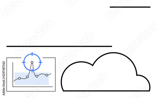 Cloud shape with a performance dashboard and focus icon over a data graph. Ideal for cloud technology, data analytics, performance tracking, IT systems, digital transformation, business solutions