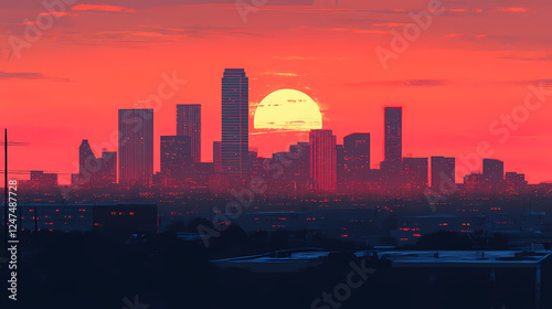 Exploring remote work trends in hybrid model office environments dallas skyline at sunset. Hybrid Environments. Illustration
