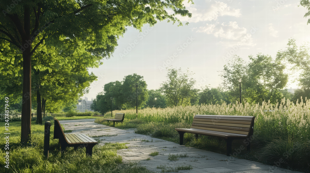 serene park featuring smart benches surrounded by lush greenery and blooming plants, inviting relaxation and community engagement