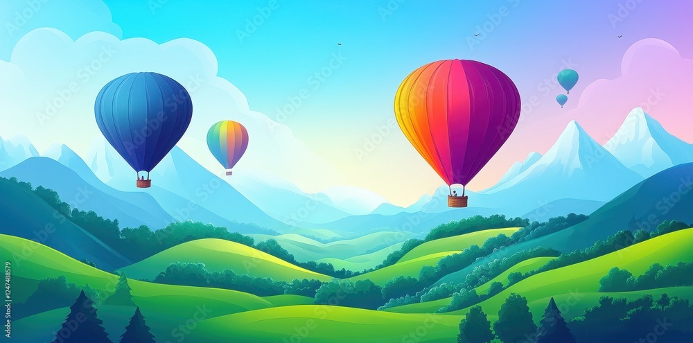Fototapeta premium Hot air balloons float gracefully above a lush landscape