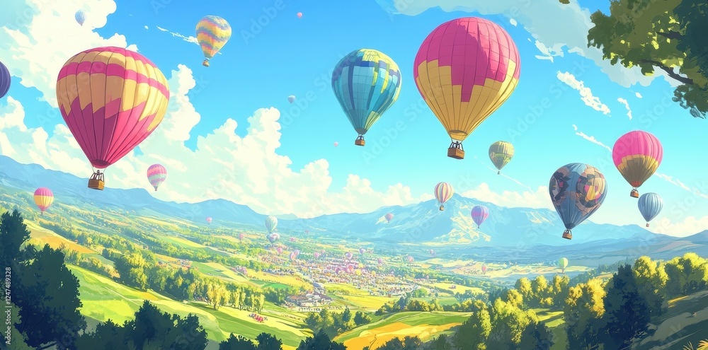 Obraz premium Many colorful hot air balloons float over scenic landscape