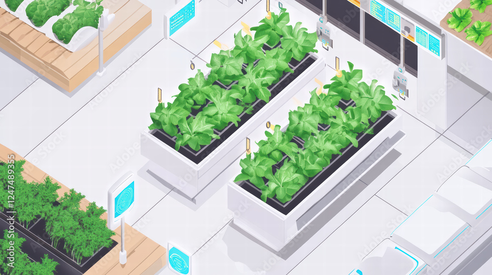 Fototapeta premium Smart farm with IoT devices optimizing crop growth in modern setting. image showcases lush green plants in high tech environment, emphasizing innovation in agriculture
