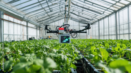 smart farm utilizing IoT devices to optimize crop growth, featuring drone monitoring plants in greenhouse. technology enhances agricultural efficiency and productivity