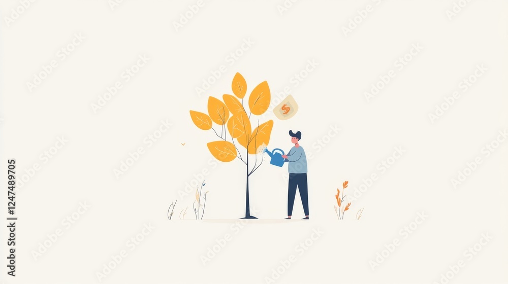 an animated character watering a money tree, using simple shapes and muted colors on a white background an animated character watering a money tree, using simple shapes and muted colors on a white background