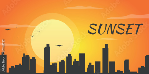 Cityscape against the sunset with silhouettes of buildings and birds in the sky.