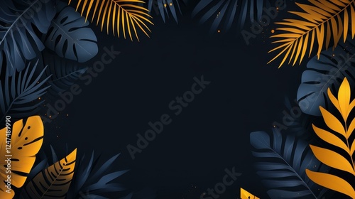 Wallpaper Mural Elegant black backdrop adorned with golden tropical leaves, perfect for a chic summer design. Add your stylish text Torontodigital.ca