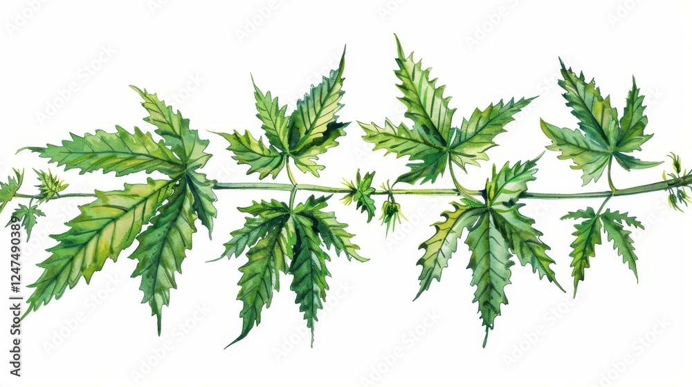 Beautiful illustration of nettles stem in watercolor, perfect for herbal packaging and botanical labels. Beautiful illustration of nettles stem in watercolor, perfect for herbal packaging and botanical labels.