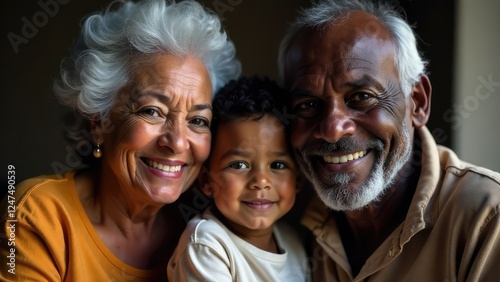 A smiling African-American child with his loving grandparents. Concept of: Generational love.