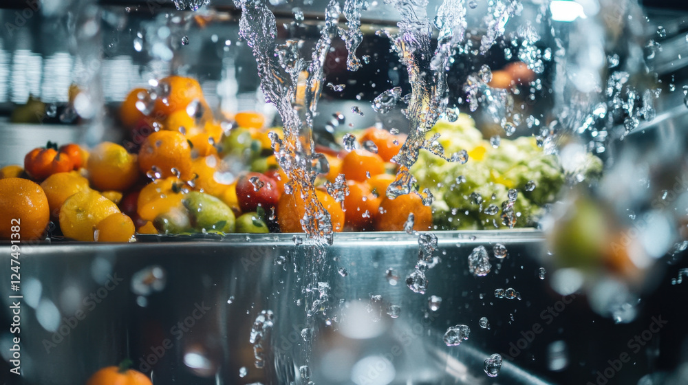 A food manufacturing machine with droplets of water on stainless steel surfaces, fruits and vegetables being processed A food manufacturing machine with droplets of water on stainless steel surfaces, fruits and vegetables being processed