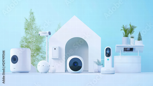 Smart home security system featuring cameras and sensors in modern setting. devices are arranged around minimalist house design, showcasing advanced technology for home safety