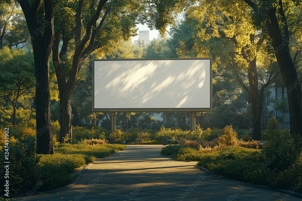 A blank white billboard surrounded by trees in a park, daytime, natural lighting, peaceful atmosphere, realistic, 8k A blank white billboard surrounded by trees in a park, daytime, natural lighting, peaceful atmosphere, realistic, 8k