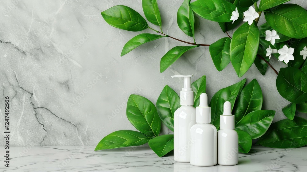 Sleek cosmetic bottles elegantly displayed on marble, ideal for minimalist skincare branding enthusiasts. Sleek cosmetic bottles elegantly displayed on marble, ideal for minimalist skincare branding enthusiasts.