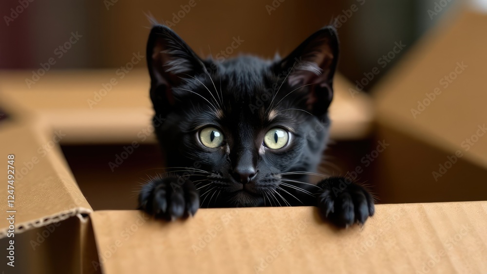 A cute black kitten peeks out from a cardboard box.
Concept of: Adorable surprise.