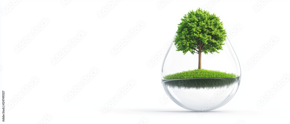 Obraz premium World Water Day environment climate. miniature island with tree inside glass droplet