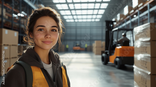 Wallpaper Mural Smiling Female Warehouse Worker Standing In A Large Industrial Storage Facility With Forklifts Torontodigital.ca