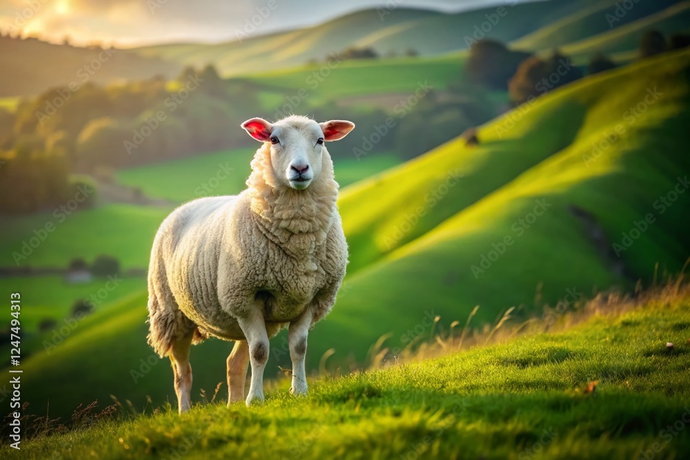 Fototapeta premium White Sheep Breeding in Lush Green Pasture - Farm Animal Stock Photo