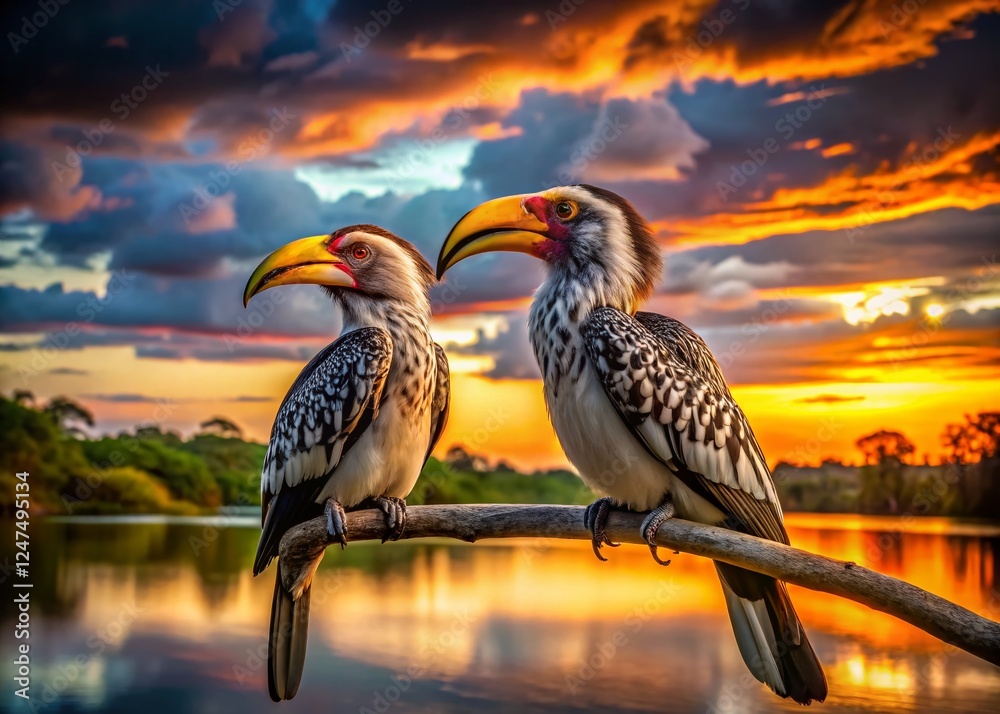 Obraz premium Yellow-billed Hornbills at Sunset, Chobe River, Botswana