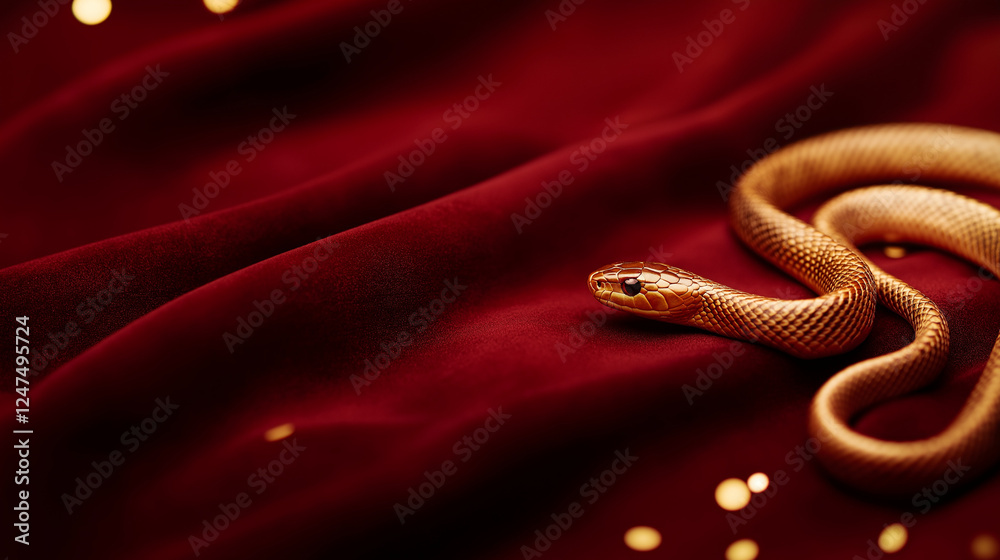 Obraz premium Elegante Schlange auf rotem Samt mit goldenen Glanzlichtern