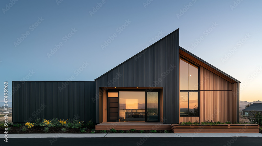 Fototapeta premium Modern A-Frame House with Large Windows and Warm Evening Lighting in Tranquil Landscape