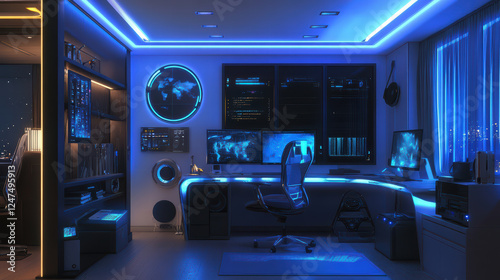 innovative home office featuring smart lighting, ergonomic design, and multiple screens. blue ambiance creates modern and tech savvy atmosphere, perfect for productivity