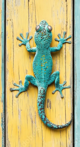 Perched on weathered driftwood, a bright yellow gecko basked in the warm amber light, presenting an intriguing mix of contrast and texture photo