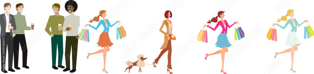 vector illustration a group of people with different colors and styles, shopping 