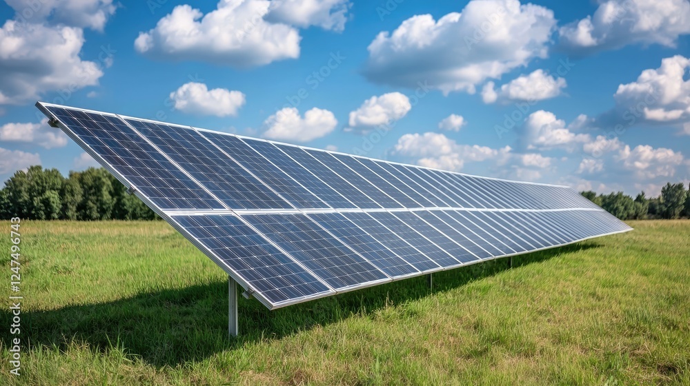 Solar panels in green field under blue sky Solar panels in green field under blue sky