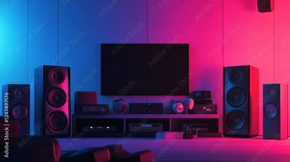 Home theater setup featuring immersive sound systems and smart technology, illuminated with vibrant blue and pink lighting, creating modern and inviting atmosphere Home theater setup featuring immersive sound systems and smart technology, illuminated with vibrant blue and pink lighting, creating modern and inviting atmosphere