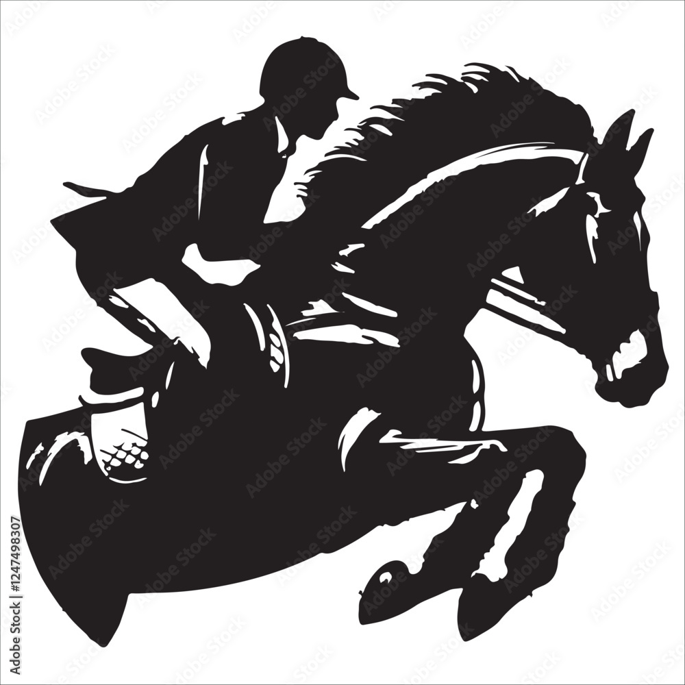 Black and white vector flat illustration: show jumping competition, horse and rider silhouette Black and white vector flat illustration: show jumping competition, horse and rider silhouette