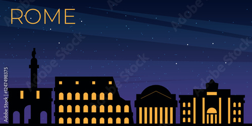 City skyline of Rome featuring iconic buildings and windmill against a night sky