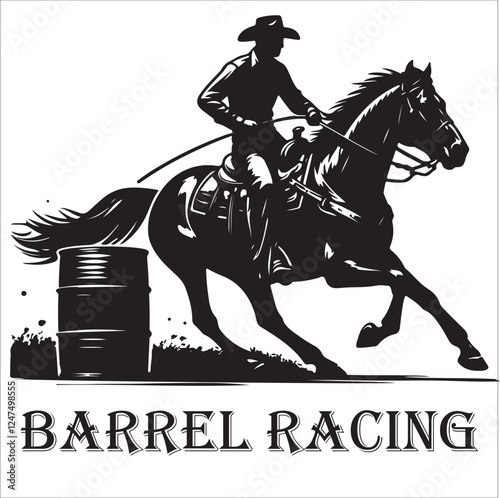 Black and white vector flat illustration: Barrel racing western horse and rider silhouette	