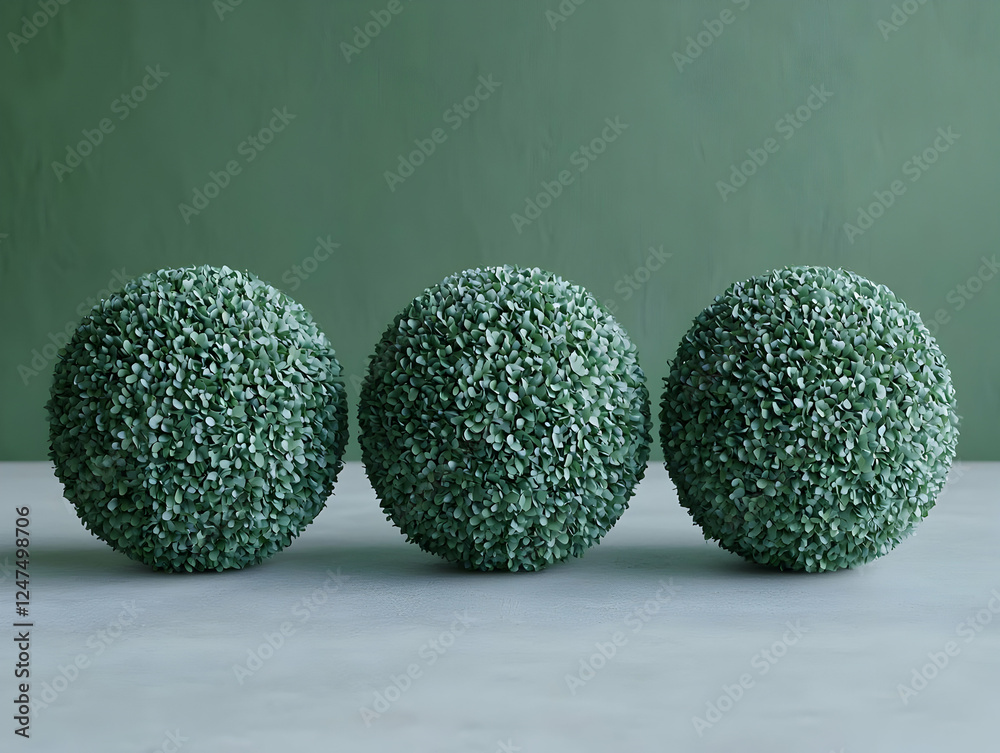 Three green topiary balls on table, green background. Home decor Three green topiary balls on table, green background. Home decor