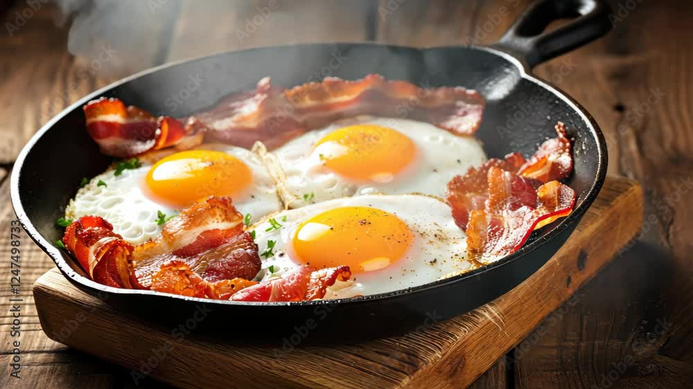 Start your day with the quintessential hearty breakfast: sizzling bacon and eggs in a pan, Ai Generated Start your day with the quintessential hearty breakfast: sizzling bacon and eggs in a pan, Ai Generated