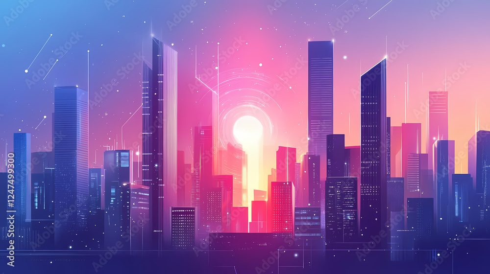 Cityscape with holographic data projections in the sky. Holographic Projections. Illustration Cityscape with holographic data projections in the sky. Holographic Projections. Illustration