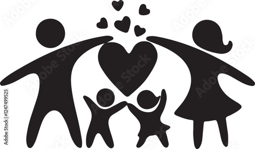 An illustration of a happy family with a father, mother, older sibling, and younger sibling
