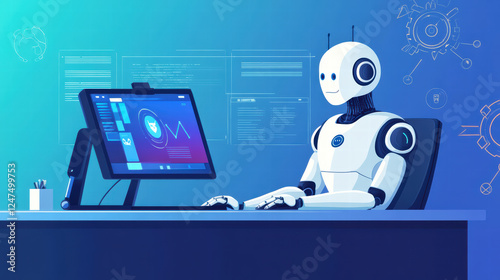 modern workspace featuring robot assistant working computer, showcasing advanced technology and productivity tools. scene reflects blend of innovation and efficiency smart office environment