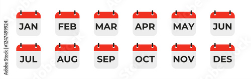 Yearly calendar icons set. All twelve months with names in abbreviated form. Flat vector illustration.