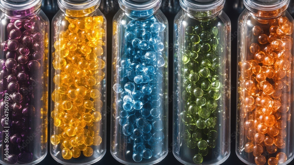 Five glass vials are filled with vibrant, colorful beads, arranged in a row. Each vial contains beads of a different color, showcasing a spectrum from purple to orange Five glass vials are filled with vibrant, colorful beads, arranged in a row. Each vial contains beads of a different color, showcasing a spectrum from purple to orange