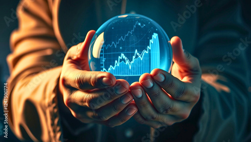 A mysterious figure holds a glowing orb in their hands, radiating with soft, pulsating light. Inside the orb, a dynamic graph or stock market