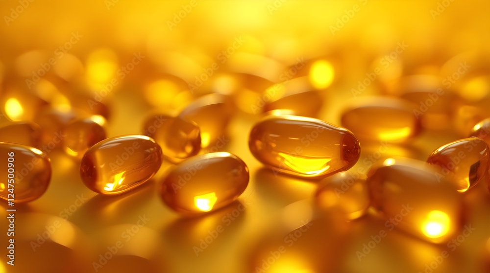 Golden Omega-3 Fish Oil Capsules: Close-Up of Nutritional Supplements for Heart Health, Brain Function, and Joint Support - Dietary Fatty Acid Pills Golden Omega-3 Fish Oil Capsules: Close-Up of Nutritional Supplements for Heart Health, Brain Function, and Joint Support - Dietary Fatty Acid Pills